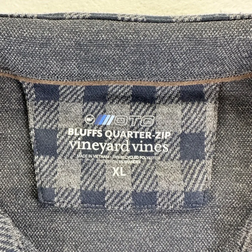 Vineyard Vines OTG Bluffs Quarter-Zip Pullover Navy Grey Gingham Mens XL Preppy